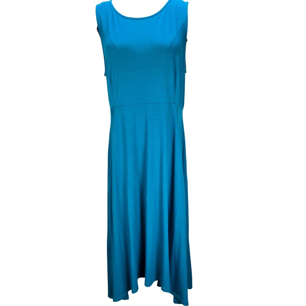 Women's Eileen Fisher Large NWT Teal Blue Viscose Lycra V-Back Midi Dress Resort